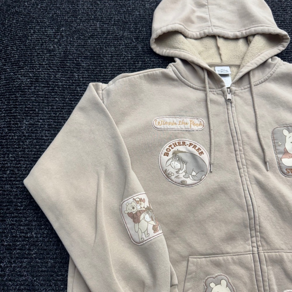 Disney Winnie the Pooh Eeyore Full Zip Hoodie Tan Beige Character Patch Large - Picture 13 of 16